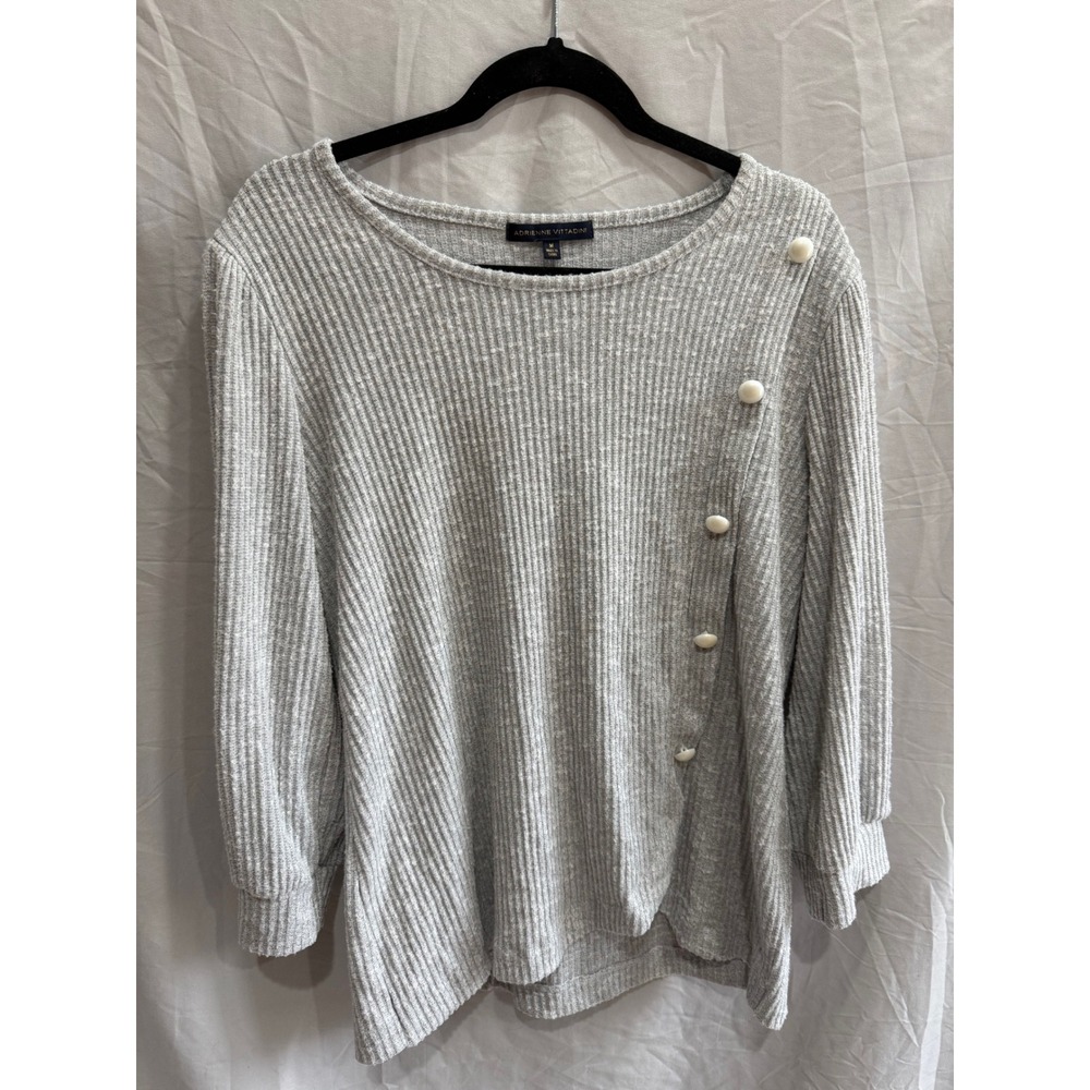 Adrienne Vittadini Gray Ribbed Knit Button Detail Long Sleeve Tunic Top Medium